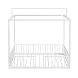 Twin Size 3-in-1 Convertible Montessori Metal Floor Bed, Fenced Toddler Bed, Canopy Platform Bed, White