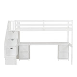 Twin Size Loft Bed Frame with Built-in Desk, Storage Stairs and 4 Drawers, White
