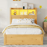Twin Wood Bed with Storage Headboard, Built-in LED Lighting & Charging Station, 2 Drawers & Pull-Out Cabinet