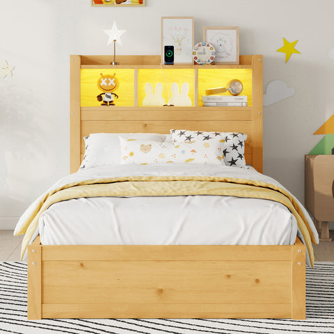Twin Wood Bed with Storage Headboard, Built-in LED Lighting & Charging Station, 2 Drawers & Pull-Out Cabinet
