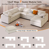 Sectional Sofa, 7-Seater Oversized Sofa with Movable Ottoman, Chenille Upholstered Modular Sofa Couch, Beige
