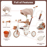 7 in 1 Stroller Baby Tricycle for 18-72 Months, Multifunctional Toddler Trike with Removable Push Rod, Canopy & Guardrail, Ivory