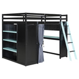 Full Size Wood Loft Bed with Blackout Curtains, USB Port, Wardrobe, Lights, Pegboard & Keyboard Tray, Black+Blue