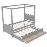 Twin Size Platform Bed Canopy Bed Frame with Upholstered Crown Headboard, Pull-Out Trundle & 3 Drawers