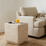 Square Travertine Side Table, Lightweight MGO Outdoor Patio End Table with Safe Rounded Edges, Beige
