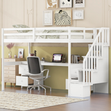 Twin Size Loft Bed Frame with Built-in Desk, Storage Stairs and 4 Drawers, White