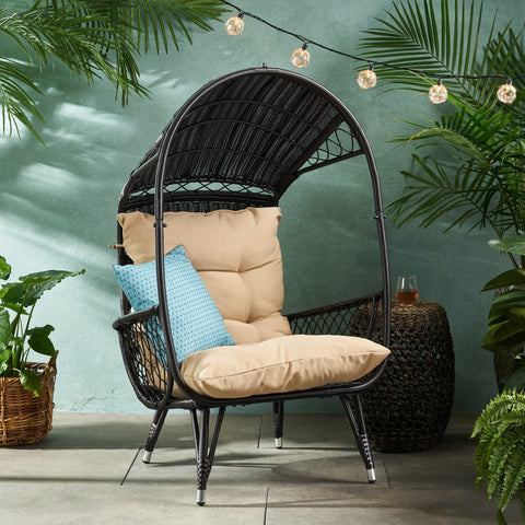 Patio Egg Chair Indoor&Outdoor Basket Chair Accent Chair Leisure Lounge Chair with Soft Cushion, Brown