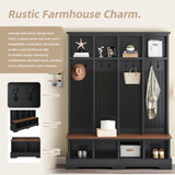 Farmhouse 59"W Wide Hall Tree with 8 Hooks, Practical Entryway Bench with Open Compartments, 76.7"H Modern 3-in-1 Wooden Style Coat and Shoe Rack for Mudroom, Living Room, Black