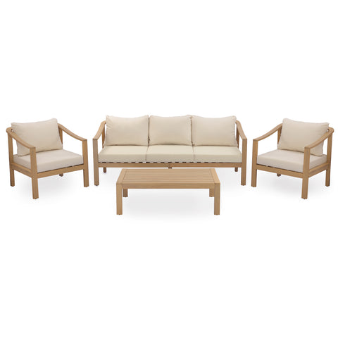 4pcs Patio Sofa Set with Coffee Table, Patio Club Chairs&Water-Resistant Cushion, Outdoor Seating Set Garden Conversation Set, Teak+Beige