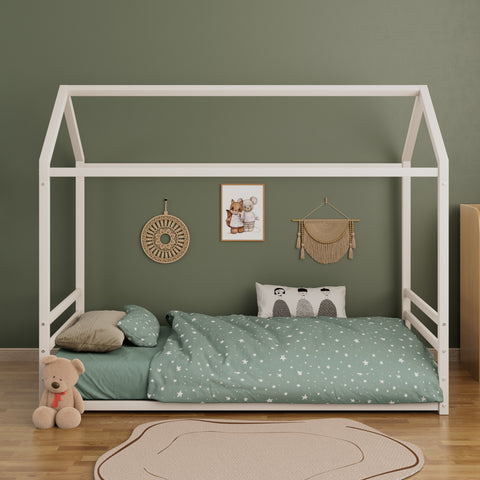 Twin Size Montessori Style Metal Floor Bed Frame, House Shaped Bed with Guardrails for Kids and Toddlers, Easy Assemble, No Slats, White