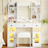Vanity Desk with LED Mirror & RGB Light Cabinets, Glass Top Dressing Table Makeup Table with Drawers, Charging Station & Stool