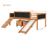 Twin Size Loft Bed with Slide, Storage Boxes, Climbing Frame and Double-Sided Chalkboard, Solid Wood Bed Frame for Kids