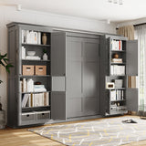 Full Size Murphy Bed Space-Saving Wall Bed with Dual Sliding Storage Cabinets & Dual 6-Tier Side Shelves, Gray