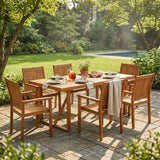 7pcs Outdoor Dining Set for 6, Patio Dining Furniture Set with 6 Ergonomic Chairs & Weather-Resistant Acacia Wood Frame
