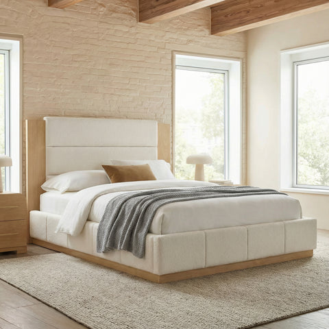 Boucle Upholstered Platform Bed Frame with Extended Wood Headboard, No Box Spring Needed, Queen Size