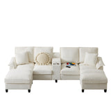 120" Modular Corduroy Sectional Sofa with Storage, Modern U-Shaped 4-Seater Sofa with Cup Holders, Beige