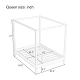 Queen Size Four Poster Platform Bed, Solid Wood Canopy Bed Frame, No Box Spring Needed