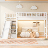 Twin Size Loft Bed with LED Lights, Storage Staircase & Slide, White