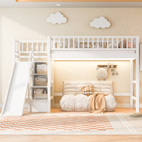 Twin Size Loft Bed with LED Lights, Storage Staircase & Slide, White