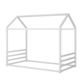 Twin Size Montessori Style Metal Floor Bed Frame, House Shaped Bed with Guardrails for Kids and Toddlers, Easy Assemble, No Slats, White