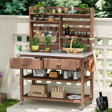 64.9"H Outdoor Potting Bench Table with Lockable Wheels, Solid Wood Outdoor Kitchen Island with Upper Hutch, Stainless Steel Top, Towel Rack ,Outdoor Storage for Grilling, Lawn Garden -Brown