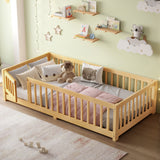 Wooden Floor Bed Frame, Kids Low-Profile Floor Bed, Twin Size Bed with Safety Guardrails & Door, Natural