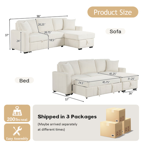 90"W L-Shaped Sectional Sleeper Sofa Modular Sofa Couch with Reversible Storage Chaise, Drop-Down Dual Cup Holders