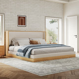 King Size Upholstered Platform Bed Frame with Headboard, Beige&Natural