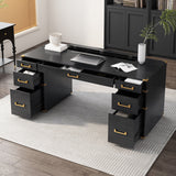 70" Extra-Large Classic Luxury Executive Desk Office Desk Computer Desk with 7 Drawers & USB Ports, Black+Gold