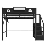 Full Loft Bed with Stairs & Built-in Wardrobe, Metal Bed Frame with LED Lights, USB Charging Station & Storage Shelves