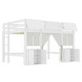 Full Loft Bed with Built-in Bookshelf, Cotton-Linen Curtain & Storage, Fairy Tale Cottage Loft Bed Frame, White