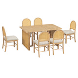 7-Piece Farmhouse Dining Table Set for 6, Rectangular Table with 6 Rattan Chairs, Rustic Kitchen Furniture, Natural