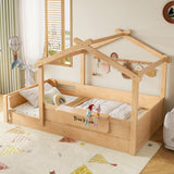 Twin Size Kids' House Floor Bed Frame, Roof Design with Guardrails & Built-in Tray