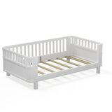 Twin Wood Platform Bed Daybed with Safety Rails, Sofa Bed Low Profile Toddler Bed Frame, White