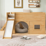 Full Size Low Loft Bed with Slide & Storage Shelves, Wooden Playhouse Design Bed Frame