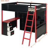 Full Size Gaming Loft Bed Wood Bed Frame with Desk, 7-Color Light Strip & Storage Shelves
