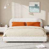 King Size Upholstered Platform Bed, Cloud Bed Frame Soft White Boucle Fabric with Curved Thick Headboard & Solid Wood Legs