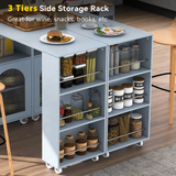 Rolling Kitchen Island With Extended Table, Kitchen Island on Wheels with LED Lights,Power Outlets and 2 Fluted Glass Doors, Kitchen Island with a Storage Compartment and Side 3 Open Shelves