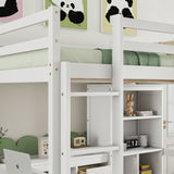 Full Size Loft Wood Bed with Desk, Storage shelves and Drawers, Built-in Ladder, High Loft Bed with Desk, Storage Shelves and Drawers,Guardrails