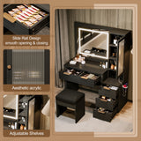 43.5" Vanity Desk with Mirror and Lights, Fluted Makeup Vanity with Charging Station, 5 Drawers and a Glass Door Cabinet, Dressing Table set with Hairdryer Holder and Storage Stool for Bedroom, Black