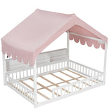 Full Size Wooden Floor Bed,House-Shaped Daybed with Fense,3 Storage Bookshelves,Curtain and LED Light