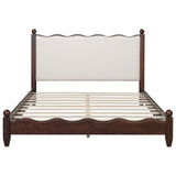 Queen Size Wood Platform Bed with Upholstered Headboard, Espresso Frame+Beige Fabric
