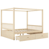 Wooden Canopy Bed with Storage Drawers, Queen size, Natual