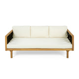 Three-Seater Outdoor Daybed with Beige Cushions & Black Flat Rope, Acacia Wood Frame Teak Finish, 67.5'' L x 32'' W x 24.24'' H Patio Garden Deck Lounge Sofa for Outdoor