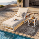 Outdoor Chaise Lounge with 4-Position Adjustable Back & Water-Resistant Cushion, Patio Recliner Lounger Sunbathing Daybed, White&Cream