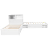 Twin Size L-Shaped Platform Bed with Storage Cabinets,Desk,Trundle and LED Light