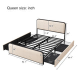 Modern Metal Bed Frame with Curved Upholstered Headboard and Footboard Bed with 4 Storage Drawers, Heavy Duty Metal Slats