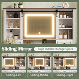 47.2" Farmhouse Makeup Vanity Desk with Sliding Mirror, Large Vanity Set with LED Lights, Dressing Table with Storage Stool and 9 Drawers, Ample Storage, White and Brown