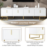 Modern TV Stand with Metal Legs and Gold Handles for TVs Up to 80'', Media Console Table with Cabinets and Adjustable Shelves, Luxury TV Cabinet with Geometric Lines for Living Room, White
