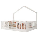 Full Floor Bed with High Rails, Wooden Montessori Bed with Light for Kids, Boys and Girls